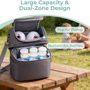 Breast Pump Cooler Travel Bag with Ice Pack,【 Up to 12 Hours 】Insulated Bottle Storage Cooler Bag, Double Layer, Breastfeeding Essential for Nursing Mom Daycare Work Travel，Fits 6 Baby Bottles
