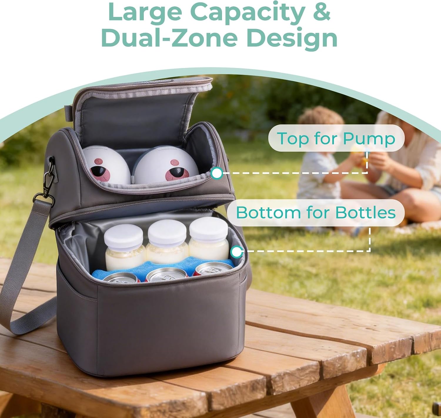 Breast Pump Cooler Travel Bag with Ice Pack,【 Up to 12 Hours 】Insulated Bottle Storage Cooler Bag, Double Layer, Breastfeeding Essential for Nursing Mom Daycare Work Travel,Fits 6 Baby Bottles