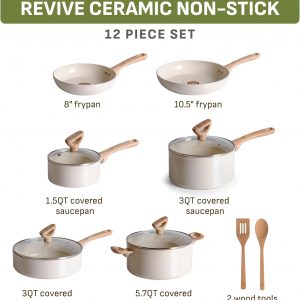 T-Fal Revive Ceramic Nonstick Pots and Pans Set, 12-Piece, Beige Granite