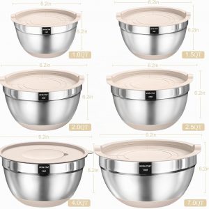 Juego de tazones para mezclar con tapas herméticas, 26 piezas de tazones de acero inoxidable caqui con accesorios para rallador, fondos antideslizantes y juego de utensilios de cocina, tamaños 7, 4