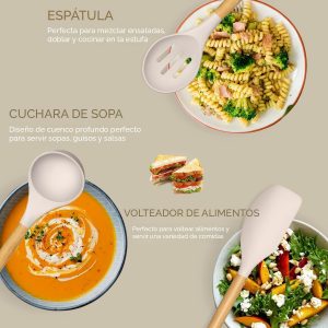 Juego de utensilios de cocina Umite de cocina, 24 piezas antiadherentes de silicona utensilios de cocina juego de espátula con soporte, mango de madera de silicona resistente al calor utensilios de cocina Set (Khaki)