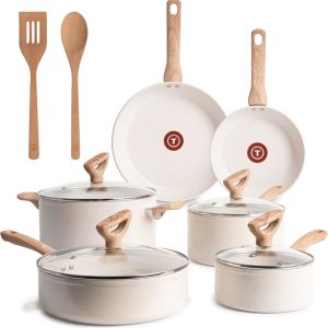 T-Fal Revive Ceramic Nonstick Pots and Pans Set, 12-Piece, Beige Granite