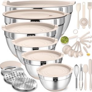 Juego de tazones para mezclar con tapas herméticas, 26 piezas de tazones de acero inoxidable caqui con accesorios para rallador, fondos antideslizantes y juego de utensilios de cocina, tamaños 7, 4