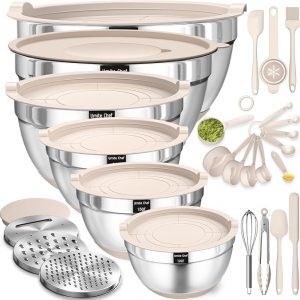 Juego de tazones para mezclar con tapas herméticas, 26 piezas de tazones de acero inoxidable caqui con accesorios para rallador, fondos antideslizantes y juego de utensilios de cocina, tamaños 7, 4