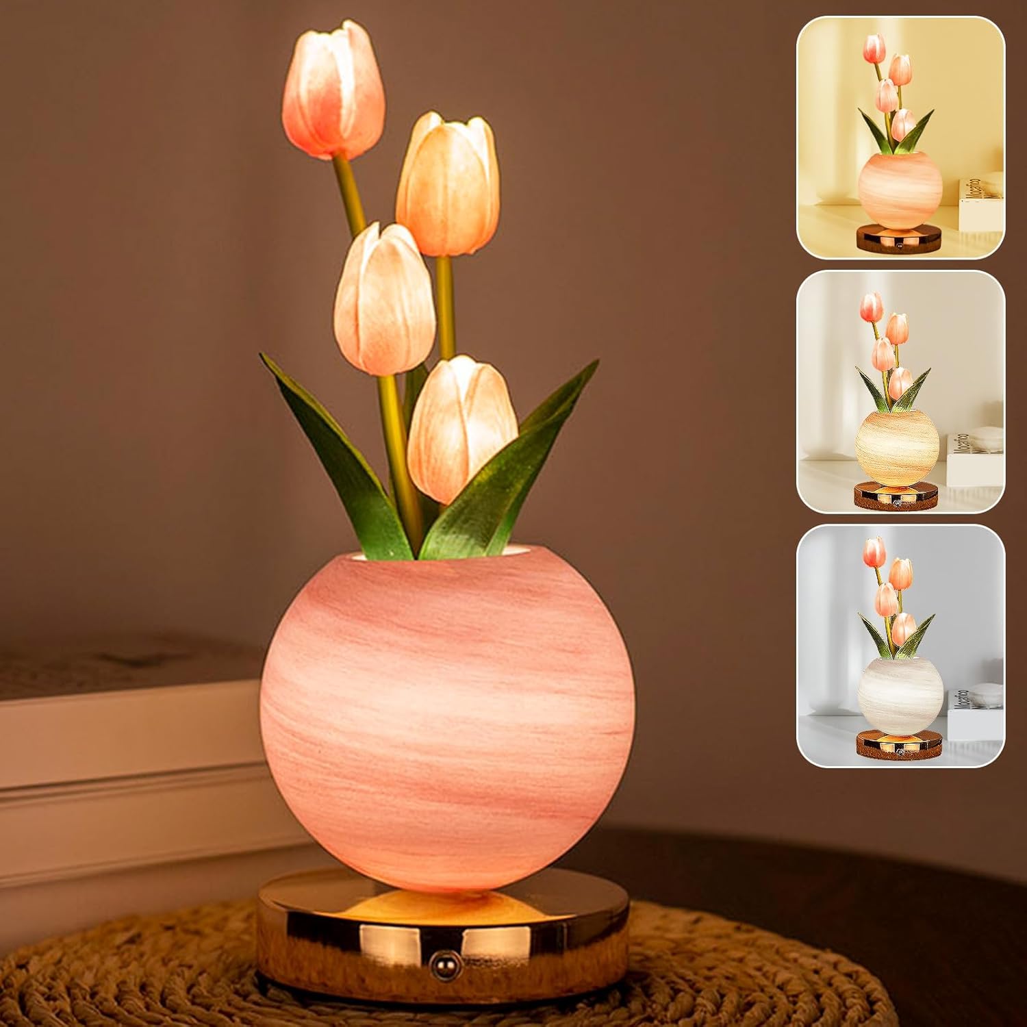 Tulip Table Lamp, Rechargeable Cordless Touch Dimming Artificial Tulip Flower Desk Lamp, LED Flower Bedside Night Light Romantic Gifts for Girl Women Mom (Pink)