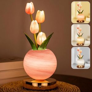 Tulip Table Lamp, Rechargeable Cordless Touch Dimming Artificial Tulip Flower Desk Lamp, LED Flower Bedside Night Light Romantic Gifts for Girl Women Mom (Pink)