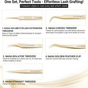 NAGARAKU Pinzas profesionales para extensión de pestañas, punta de precisión, herramienta de pestañas de acero inoxidable rectas y curvadas para uso individual y con volumen para uso en salones, juego | Gold Stainless Steel, Precision Tip Straight Curved 5 Pcs Tweezers For Lash Isolation & Volume Fans Making