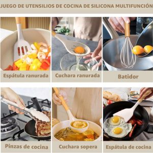 Juego de utensilios de cocina Umite de cocina, 24 piezas antiadherentes de silicona utensilios de cocina juego de espátula con soporte, mango de madera de silicona resistente al calor utensilios de cocina Set (Khaki)