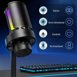 FIFINE A8 Plus USB Gaming Condenser Microphone with 4 Polar Patterns for PC | RGB Control, Quick Mute, Gain Knob, Headphone Jack, Cardioid Pickup, Pop Filter, for PS5 Podcast Streaming Recording YouTube