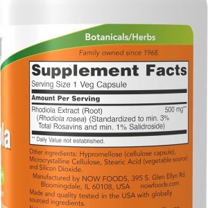 Suplementos NOW, Rhodiola 500 mg, ayuda al cuerpo a adaptarse al estrés de la vida diaria*, hierba adaptogénica*, 120 cápsulas vegetales