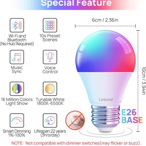 Linkind Smart Light Bulbs, Work with Alexa, Google Home, AiDot | Led Color Changing Light Bulb RGBTW, 2.4G WiFi+Bluetooth, 104 Preset Scene, Music Sync, DIY, Dotis, A19 E26, 60W 800LM, 4Pack
