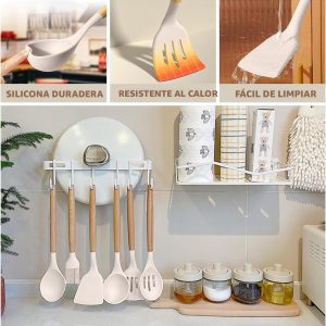 Juego de utensilios de cocina Umite de cocina, 24 piezas antiadherentes de silicona utensilios de cocina juego de espátula con soporte, mango de madera de silicona resistente al calor utensilios de cocina Set (Khaki)