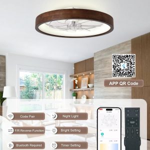 Ventilador de techo de 20 pulgadas con luz, ventilador de techo de madera de perfil bajo, aplicación y control remoto, regulable y 6 velocidades