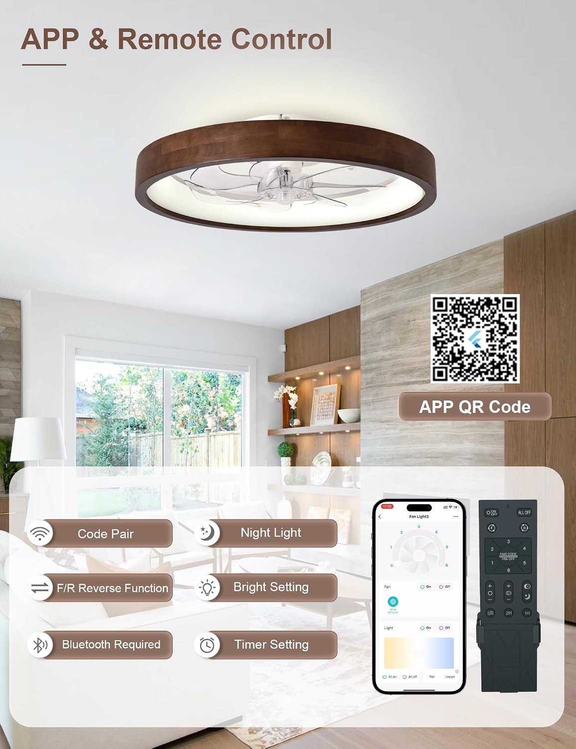 Ventilador de techo de 20 pulgadas con luz, ventilador de techo de madera de perfil bajo, aplicación y control remoto, regulable y 6 velocidades