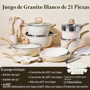 CAROTE Juego de 21 ollas y sartenes, juegos de utensilios de cocina antiadherentes, utensilios de cocina de inducción de granito blanco, juego de cocina antiadherente con sartenes y cacerolas (PFOS,