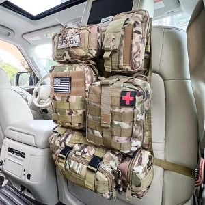 Tactical Vehicle Seat Back Organizer, Universal Tactical Seat Cover Molle Panel with 5 Detachable Pouches - Medical, Phone, Admin Storage Bags Fit for Jeep Truck Car Camping Off Road (CP Camo)