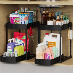 Ukeetap Organizadores de almacenamiento extraíbles multiusos, organizadores debajo del fregadero/gabinete y almacenamiento para baño y cocina, negro, 12.8 pulgadas, 2 paquetes | Organizadores de gabinetes multiusos y almacenamiento para baño y cocina