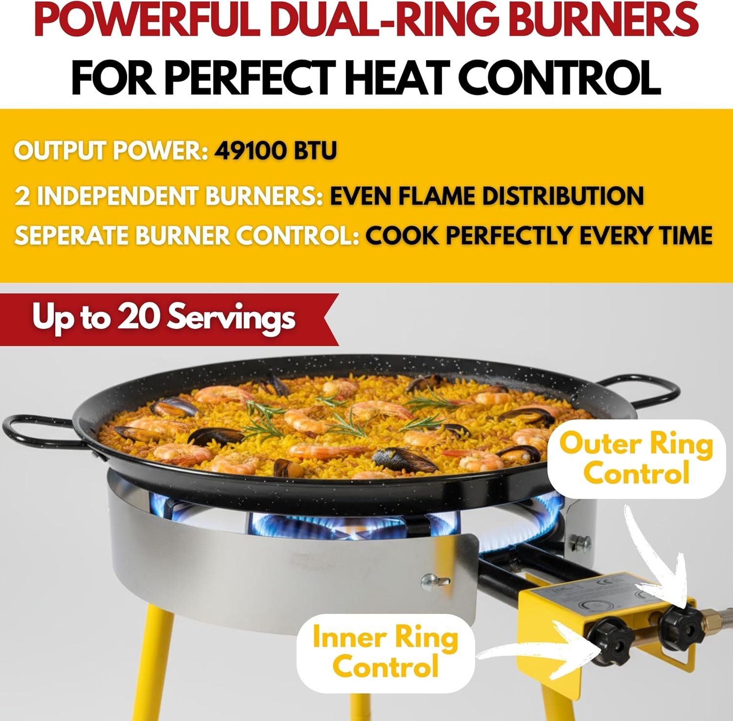 Paelluxe Paella Burner Stand & Regulator Set with 24 Inch Pan- 20 Servings