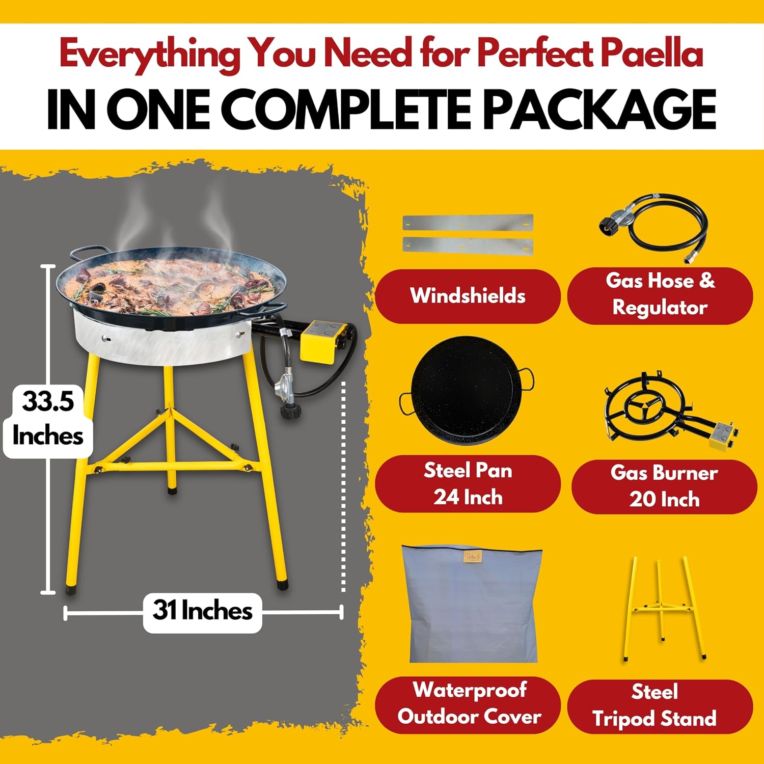 Paelluxe Paella Burner Stand & Regulator Set with 24 Inch Pan- 20 Servings