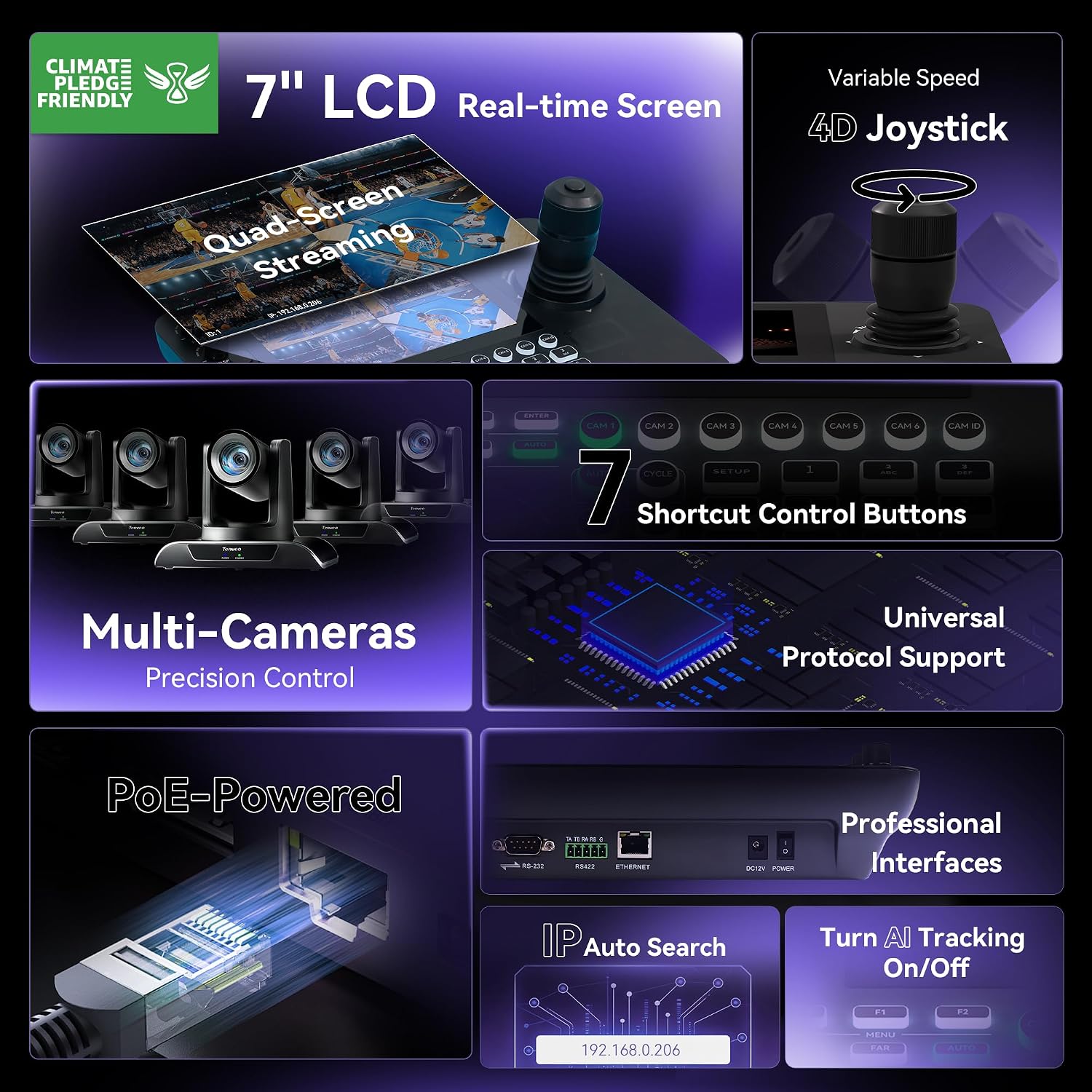 Tenveo Paquete de cámara y controlador PTZ - Cámara PTZ 4K NDI (2 piezas) 20X Zoom AI Tracking HDMI/USB3.0/LAN (PoE) y kit de controlador de joystick NDI de pantalla cuádruple de 7 pulgadas para