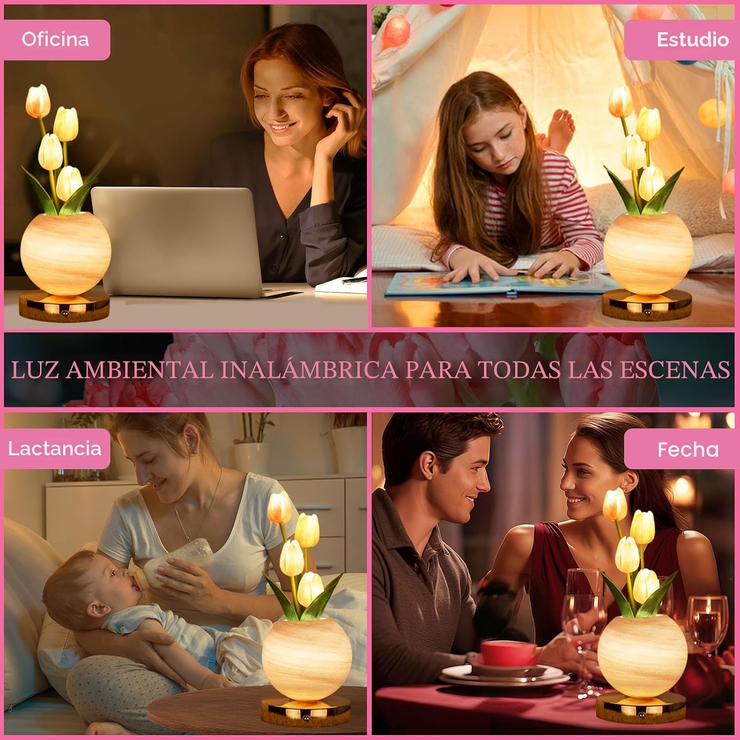 Tulip Table Lamp, Rechargeable Cordless Touch Dimming Artificial Tulip Flower Desk Lamp, LED Flower Bedside Night Light Romantic Gifts for Girl Women Mom (Pink)