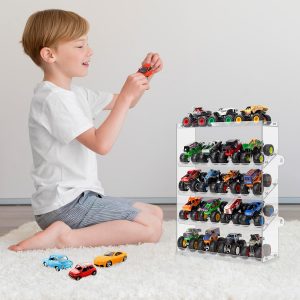 5-Tier Monster Truck Display Shelf, Toy Car Storage Holds 20 | Acrylic 5-tier shelf with tilted design fits 20 monster trucks. Assembly required. Trucks not included.
