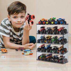 5-Tier Monster Truck Display Shelf, Toy Car Storage Holds 20 | Acrylic 5-tier shelf with tilted design fits 20 monster trucks. Assembly required. Trucks not included.