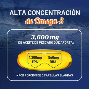 Aceite de pescado DHA Omega 3 de triple fuerza 3600 mg | Más de 2100 mg de ácidos grasos omega-3 con 860 mg de DHA | 1300 mg EPA | Los mejores ácidos grasos esenciales | Aceite de pescado capturado