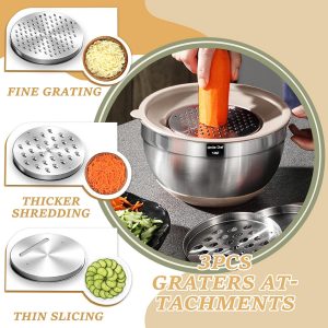 Juego de tazones para mezclar con tapas herméticas, 26 piezas de tazones de acero inoxidable caqui con accesorios para rallador, fondos antideslizantes y juego de utensilios de cocina, tamaños 7, 4