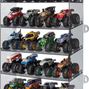5-Tier Monster Truck Display Shelf, Toy Car Storage Holds 20 | Acrylic 5-tier shelf with tilted design fits 20 monster trucks. Assembly required. Trucks not included.