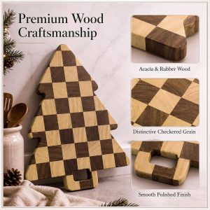 Novabright 1 tabla de cortar de madera con forma de tablero de ajedrez de árbol de Navidad, bandeja de madera para servir de madera, decoración de cocina de granja para fiestas, accesorios de mesa