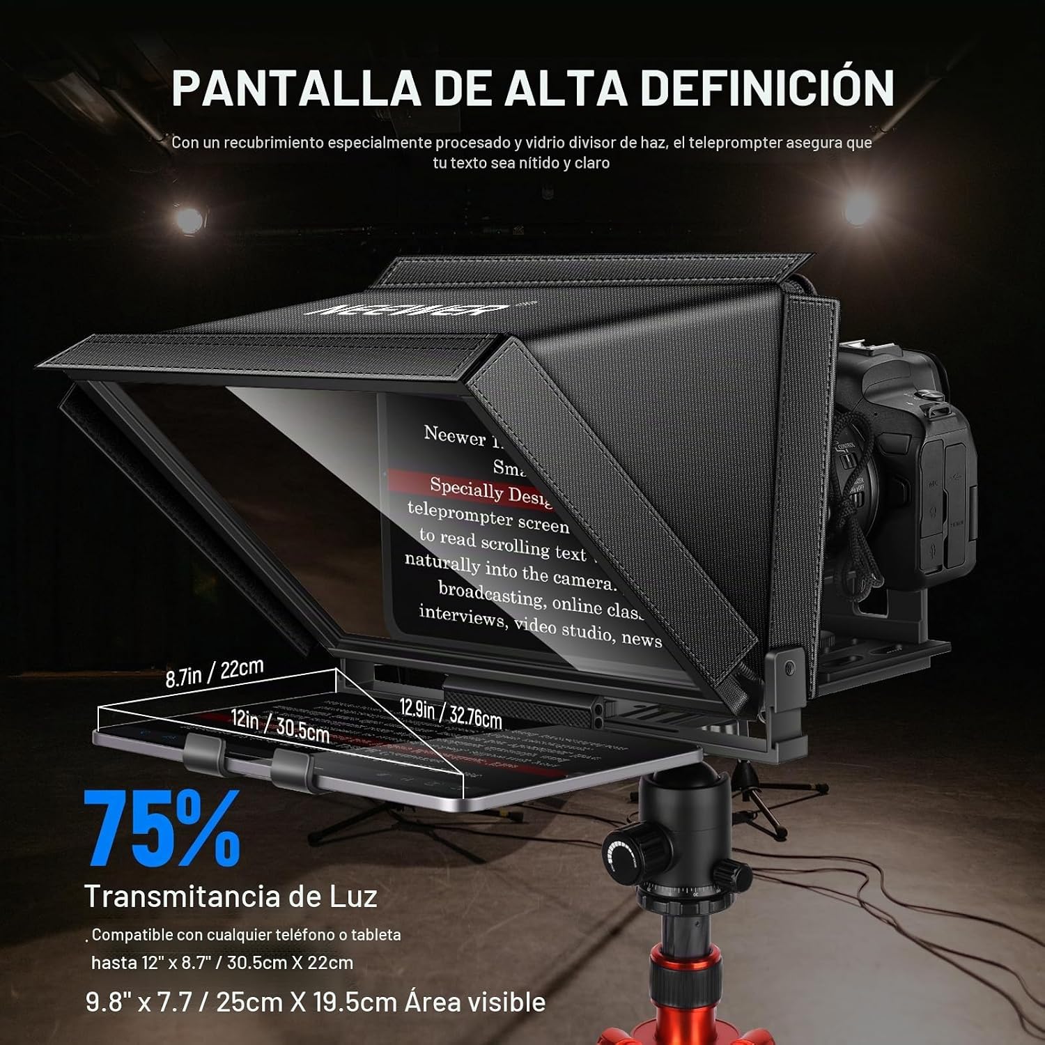 NEEWER X12 Teleprompter de aleación de aluminio de 14 pulgadas compatible con iPhone iPad DSLR Cámaras Teléfono Tablet con control remoto Funda de transporte Paño de limpieza, Control APP para iOS