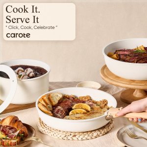CAROTE 19pcs Pots and Pans Set Non Stick, Cookware Set Detachable Handle | Induction Compatible, Dishwasher & Oven Safe, Space Saving, Camping Cooking Set, Kitchen Set, White