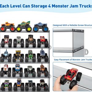 5-Tier Monster Truck Display Shelf, Toy Car Storage Holds 20 | Acrylic 5-tier shelf with tilted design fits 20 monster trucks. Assembly required. Trucks not included.