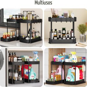 Ukeetap Organizadores de almacenamiento extraíbles multiusos, organizadores debajo del fregadero/gabinete y almacenamiento para baño y cocina, negro, 12.8 pulgadas, 2 paquetes | Organizadores de gabinetes multiusos y almacenamiento para baño y cocina