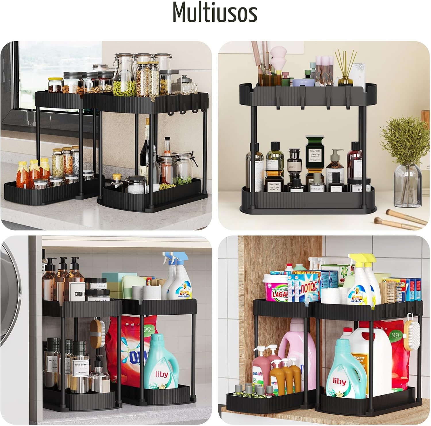 Ukeetap Organizadores de almacenamiento extraíbles multiusos, organizadores debajo del fregadero/gabinete y almacenamiento para baño y cocina, negro, 12.8 pulgadas, 2 paquetes | Organizadores de gabinetes multiusos y almacenamiento para baño y cocina