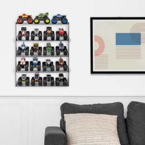 5-Tier Monster Truck Display Shelf, Toy Car Storage Holds 20 | Acrylic 5-tier shelf with tilted design fits 20 monster trucks. Assembly required. Trucks not included.