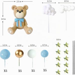 Decoraciones para tartas de oso con bolas de pastel y estrellas y nubes, decoraciones para tartas para baby shower y cumpleaños para niño o niña (set de oso azul)