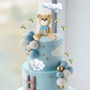 Decoraciones para tartas de oso con bolas de pastel y estrellas y nubes, decoraciones para tartas para baby shower y cumpleaños para niño o niña (set de oso azul)