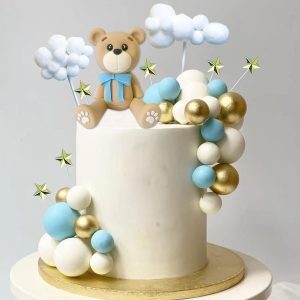 Decoraciones para tartas de oso con bolas de pastel y estrellas y nubes, decoraciones para tartas para baby shower y cumpleaños para niño o niña (set de oso azul)