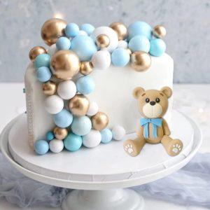 Decoraciones para tartas de oso con bolas de pastel y estrellas y nubes, decoraciones para tartas para baby shower y cumpleaños para niño o niña (set de oso azul)
