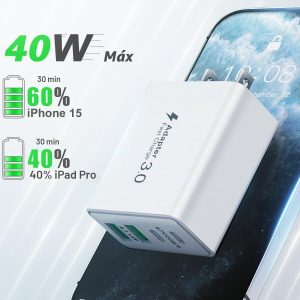 Paquete de 2 cargadores de carga rápida para iPhone 14 y 13, 40 W, 4 puertos USB C, bloque de cargadores con cable USB C a Lightning de 6 pies para iPhone 14 13 12 11 Pro Max XS XR X 8, adaptador de corriente de enchufe de pared múltiple caja de carga