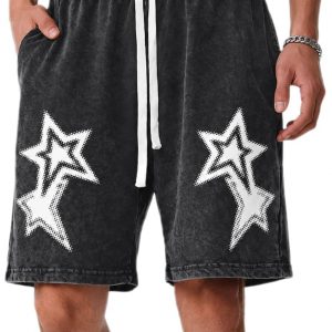Men's Star Graphic Vintage Shorts Streetwear Drawstring Waist Jorts with Pockets Y2k Printed Washed Casual Shorts