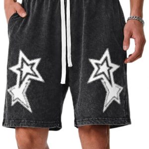 Men's Star Graphic Vintage Shorts Streetwear Drawstring Waist Jorts with Pockets Y2k Printed Washed Casual Shorts