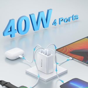 Paquete de 2 cargadores de carga rápida para iPhone 14 y 13, 40 W, 4 puertos USB C, bloque de cargadores con cable USB C a Lightning de 6 pies para iPhone 14 13 12 11 Pro Max XS XR X 8, adaptador de corriente de enchufe de pared múltiple caja de carga