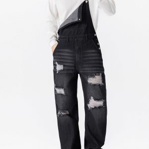 Rexcyril Men's Denim Bib Overalls Baggy Fashion Jean Jumpsuit
