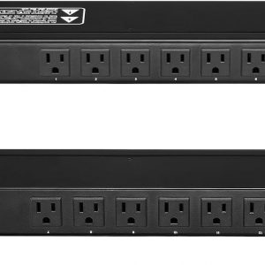 VEVOR Tira de alimentación horizontal de 12 enchufes de 1U para montaje en rack PDU para racks de servidores de red, protección contra sobretensiones y sobrecargas, 110-125V/15A, con cable de