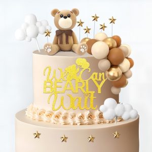 Decoraciones para tarta de oso con bolas de oso y estrellas, nubes, decoraciones para tartas para baby shower, cumpleaños y fiesta de niños (set de oso marrón)