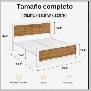 Catrimown Marco de Cama Tamaño Full con Cabecero, Marco de Cama de Metal Full con Soporte de Listones de Acero, Almacenamiento Bajo la Cama, No Necesita Somier, Sin Ruido, Fácil Montaje, Blanco