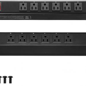 VEVOR Tira de alimentación horizontal de 12 enchufes de 1U para montaje en rack PDU para racks de servidores de red, protección contra sobretensiones y sobrecargas, 110-125V/15A, con cable de